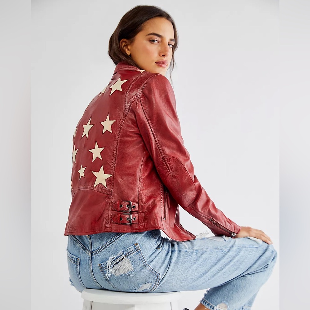 Free People Christy Moto Star Jacket Red
